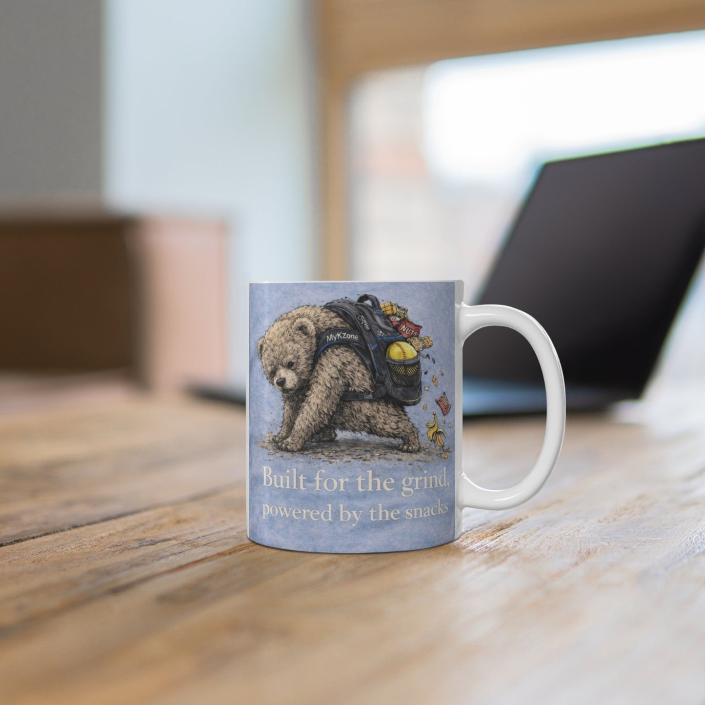 "Built for the Grind, Powered by the Snacks" Bear Backpack Mug