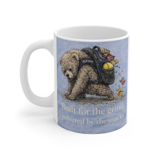 "Built for the Grind, Powered by the Snacks" Bear Backpack Mug