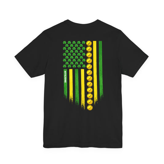 St. Patrick's Day Softball MyKZone Training Facility T-Shirt - American Flag Shamrock Design