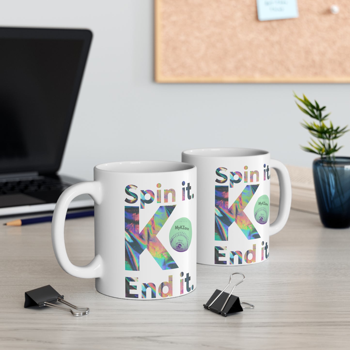 “Spin it. K. End it.” Colorful Fastpitch Softball Coffee Mug