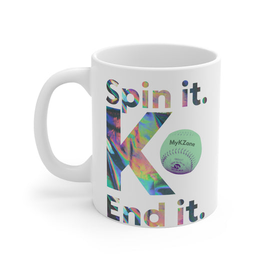“Spin it. K. End it.” Colorful Fastpitch Softball Coffee Mug