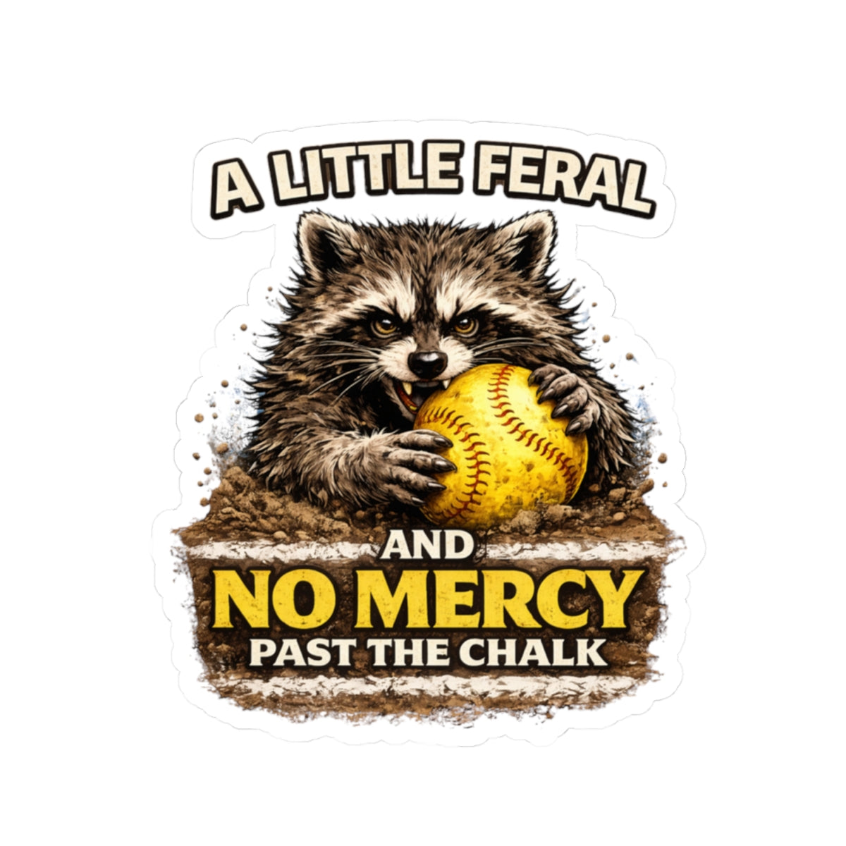 "A Little Feral and No Mercy Past the Chalk" Raccoon Softball Sticker