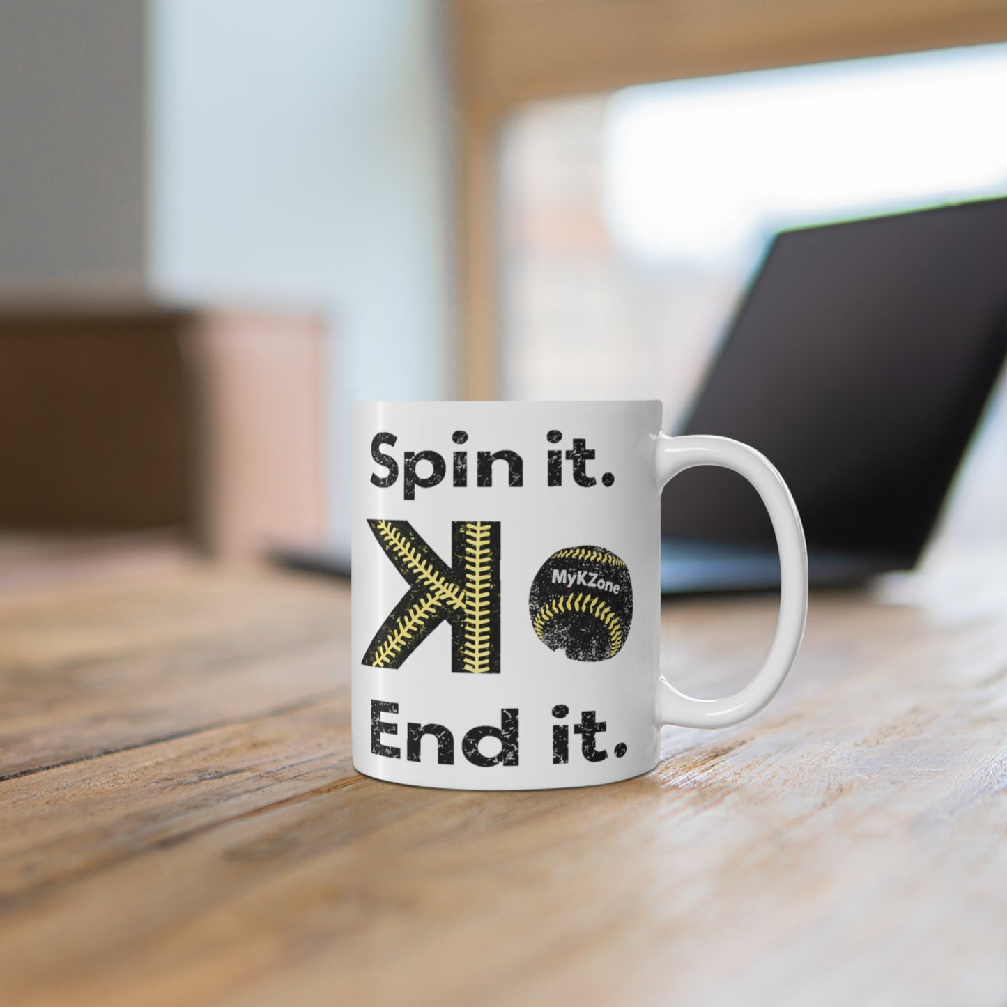 "Spin it. End it. K." Softball Pitcher Coffee Mug
