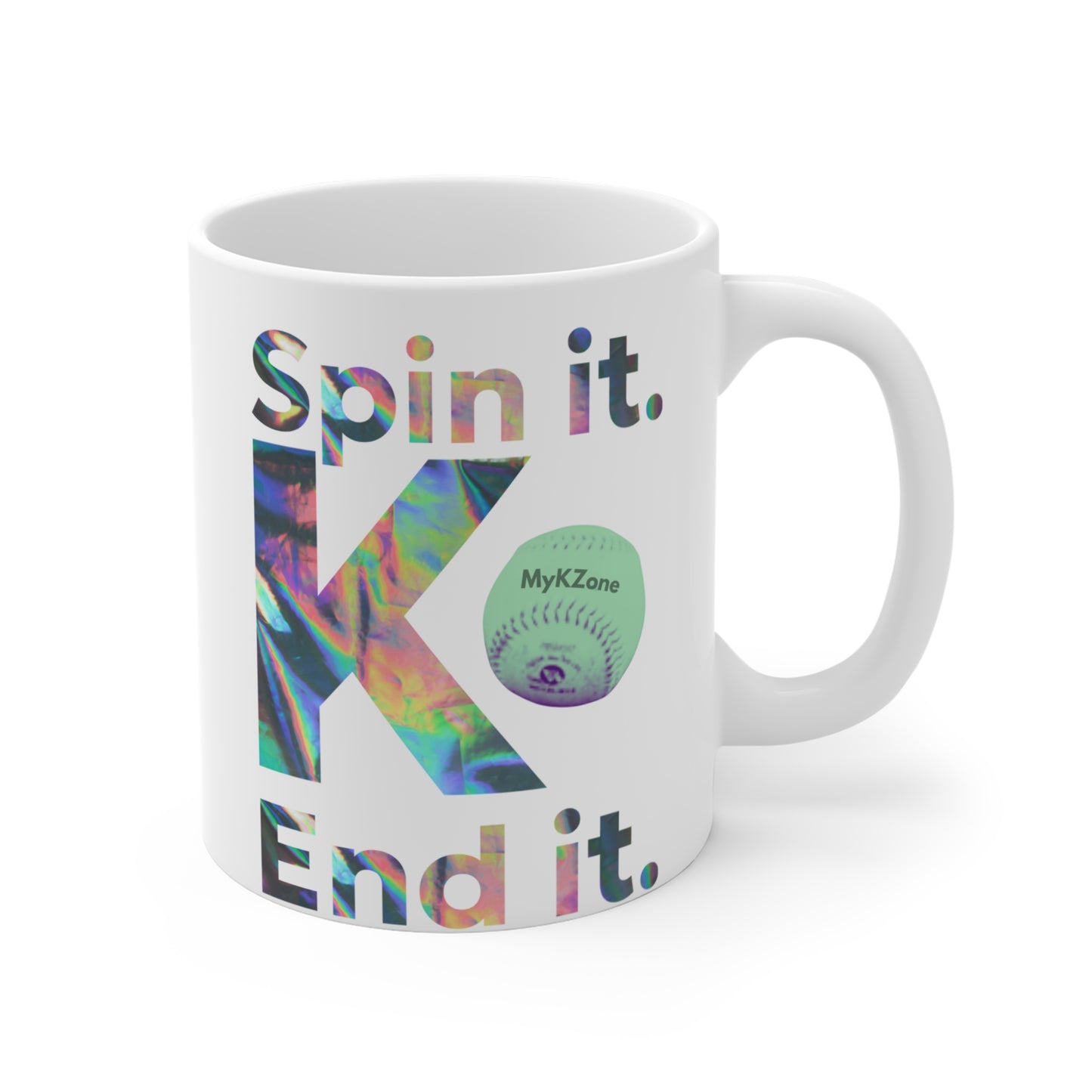 “Spin it. K. End it.” Colorful Fastpitch Softball Coffee Mug