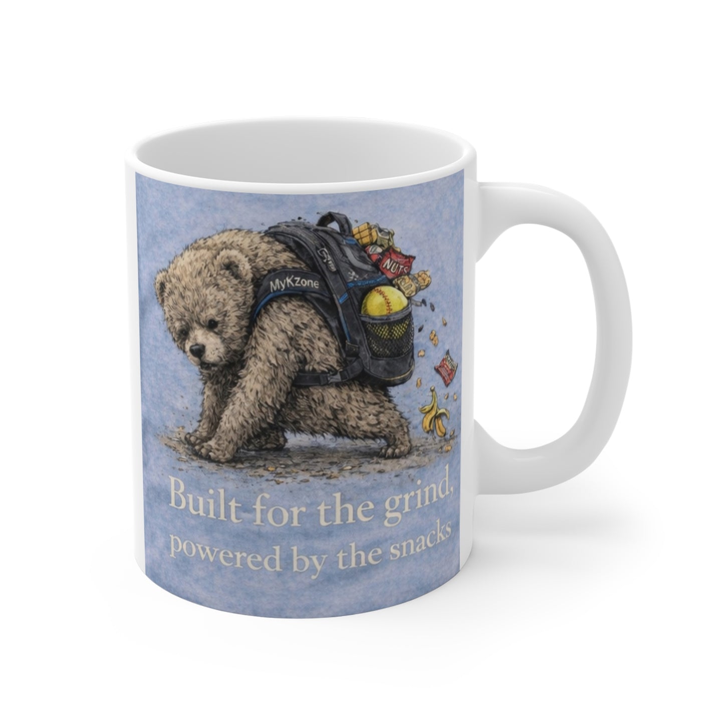 "Built for the Grind, Powered by the Snacks" Bear Backpack Mug